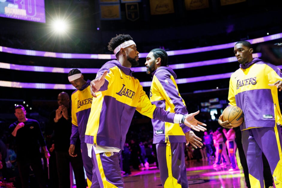 Los Angeles Lakers guard Jordan Goodwin (30) walks onto the court during introductions before the game against the Phoenix Suns at Crypto.com Arena on March 16, 2025 in Los Angeles, California.