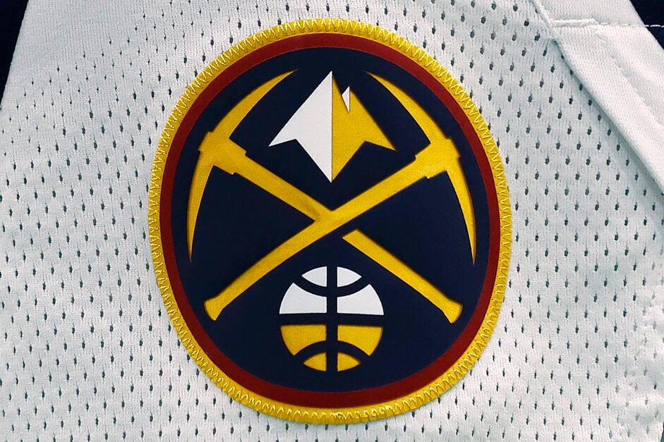 The Denver Nuggets logo is seen during the second half against the Boston Celtics.