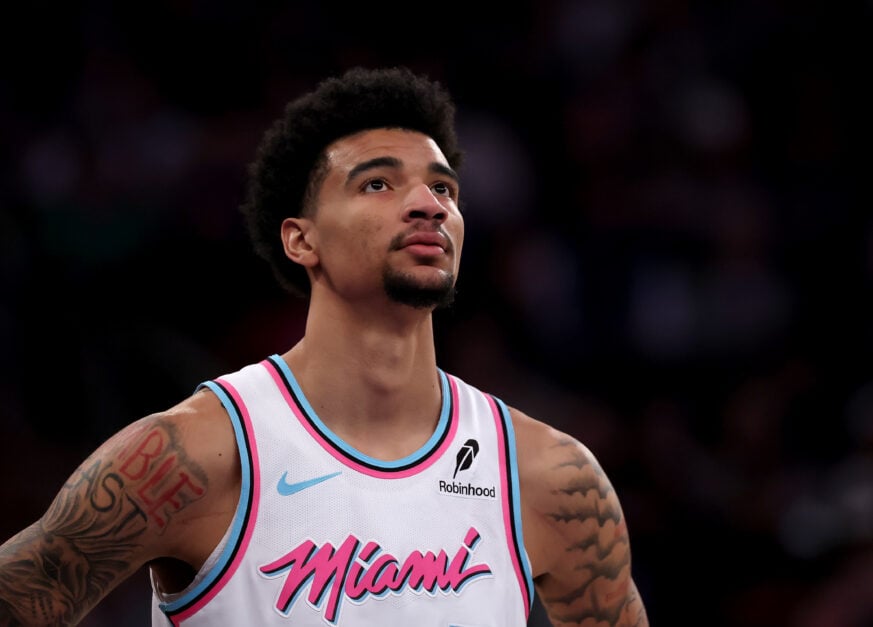 Kel'el Ware #7 of the Miami Heat looks on in the first half against the New York Knicks at Madison Square Garden.