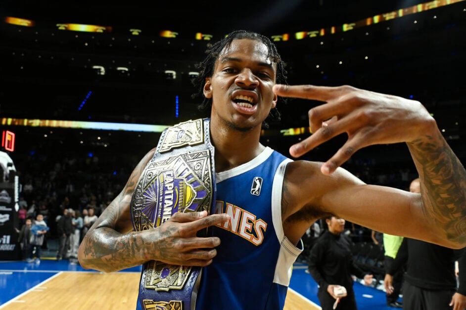 Capitanes Guard Dink Pate #1 celebrating after the NBA G League Match against Valley Suns.