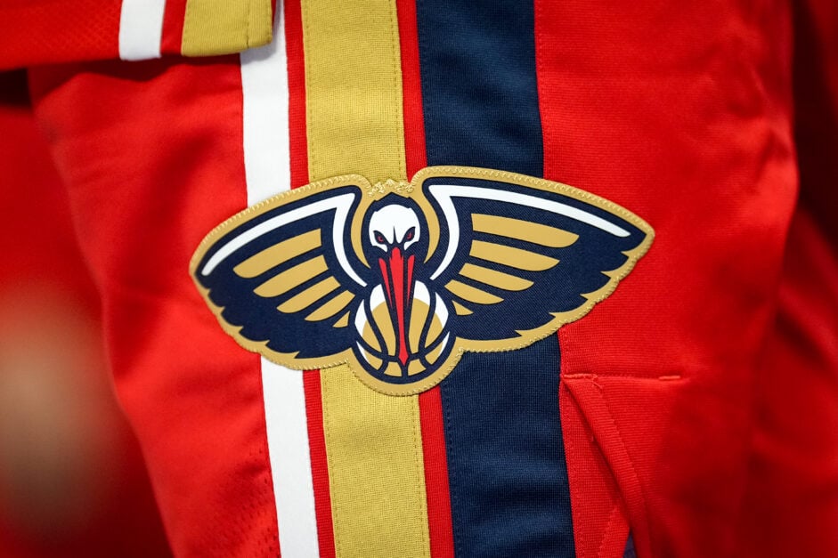 A detail of the New Orleans Pelicans logo on a uniform during the game against the Detroit Pistons at Little Caesars Arena.