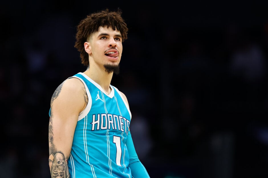 LaMelo Ball #1 of the Charlotte Hornets looks on during the second half of a basketball game against the Orlando Magic.