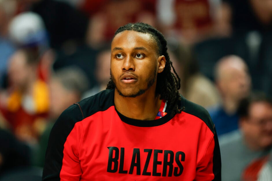 Jabari Walker #34 of the Portland Trail Blazers looks on before the game against the Cleveland Cavaliers at the Moda Center on March 25, 2025 in Portland, Oregon. The Cleveland Cavaliers