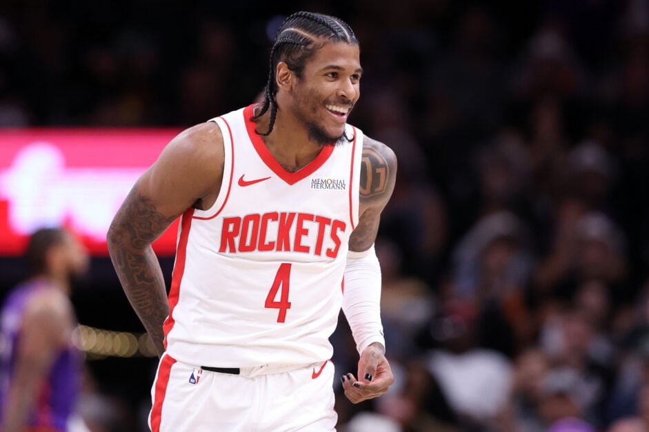 Jalen Green #4 of the Houston Rockets reacts after hitting a three point shot during the first half against the Phoenix Suns.