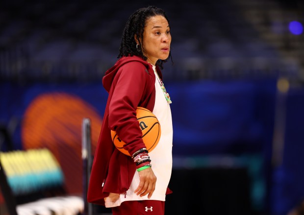 TAMPA, FLORIDA - APRIL 03: Head coach Dawn Staley of the South Carolina Gamecocks looks on during an open practice ahead of the 2025 NCAA Women's Basketball Tournament Final Four at Amalie Arena on April 03, 2025 in Tampa, Florida. (Photo by Maddie Meyer/Getty Images)