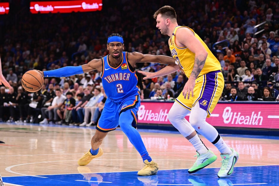 Los Angeles Lakers guard Luka Doncic defends OKC Thunder guard Shai Gilgeous-Alexander