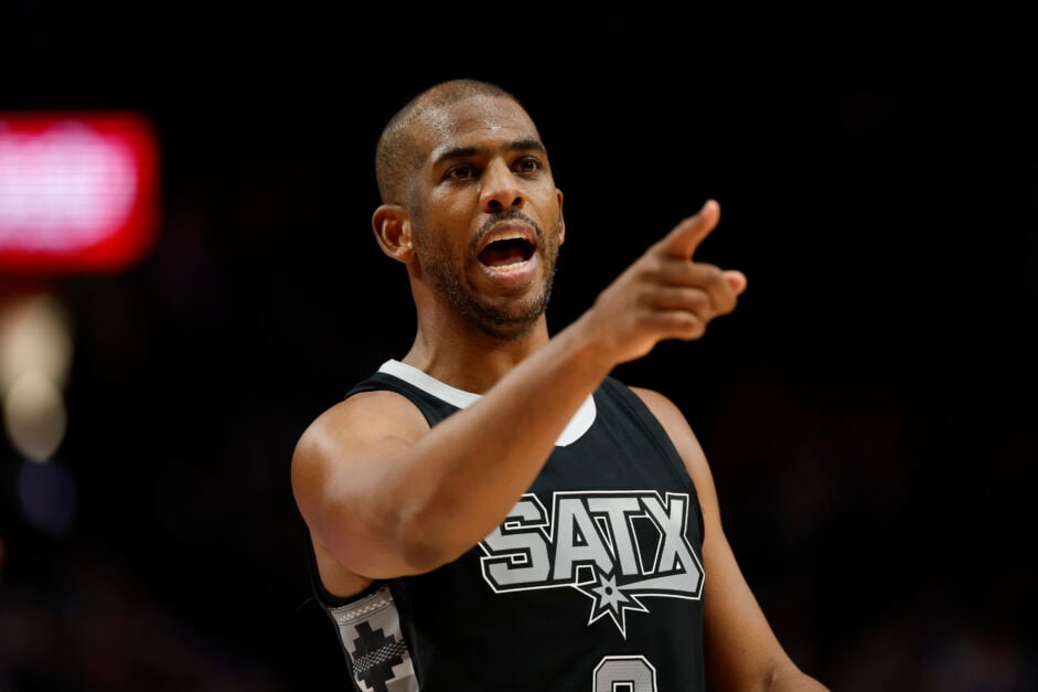 Chris Paul #3 of the San Antonio Spurs reacts during the game against the Portland Trail Blazers at the Moda Center.