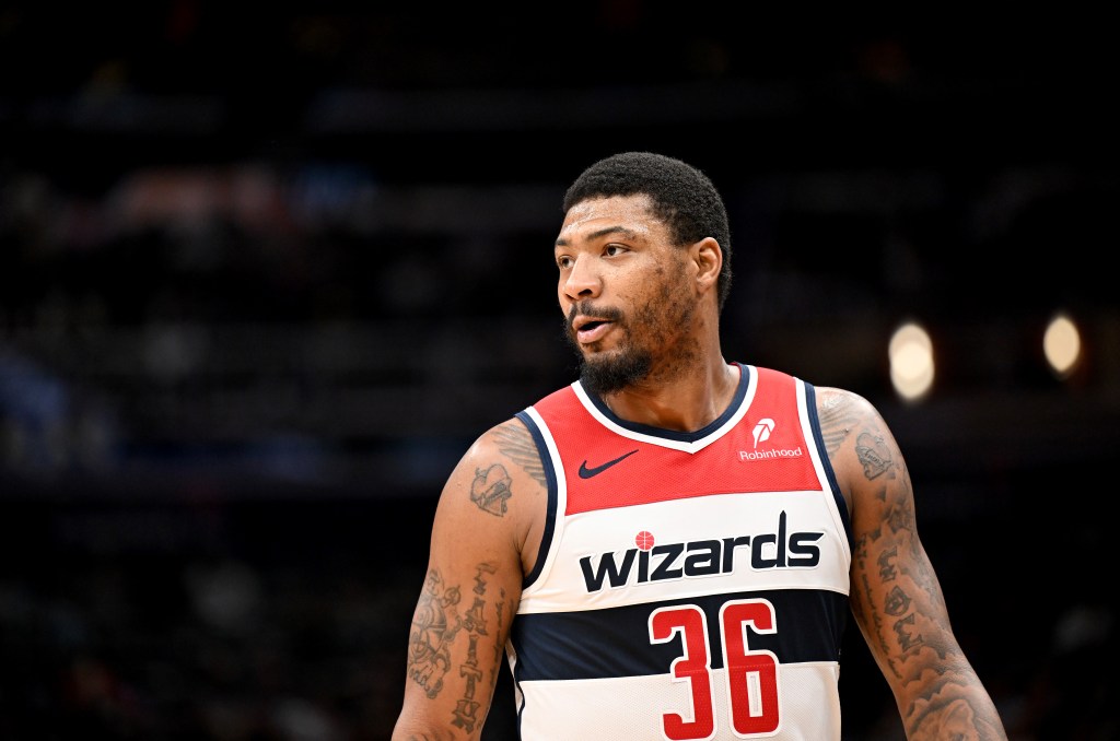 Marcus Smart #36 of the Washington Wizards walks down the court during the game against the Orlando Magicat Capital One Arena on April 03, 2025 in Washington, DC.