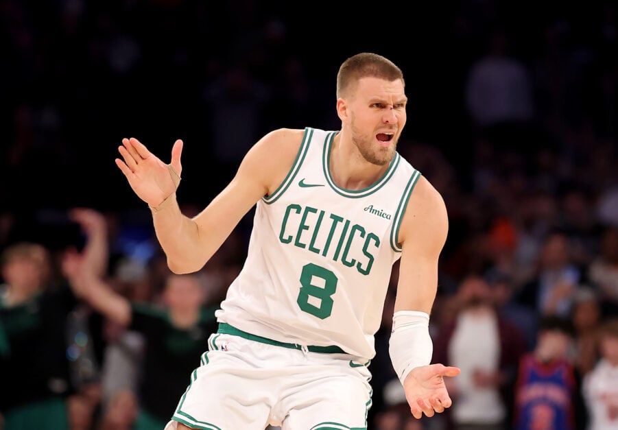Kristaps Porzingis looks angry during Boston Celtics vs New York Knicks