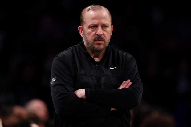 New York Knicks Head Coach Tom Thibodeau looks on during the second half against the Brooklyn Nets at Barclays Center on April 13, 2025 in New York City.