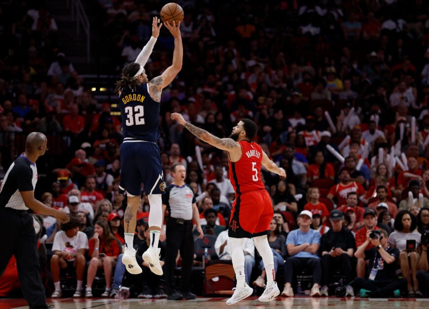 Denver Nuggets forward Aaron Gordon shoots over Houston Rockets guard Fred VanVleet