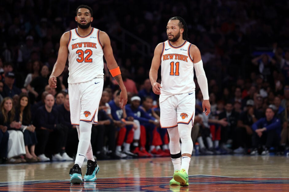 Jalen Brunson #11 and Karl-Anthony Towns #32 of the New York Knicks in action in Game One of the Eastern Conference First Round NBA Playoffs against the Detroit Pistons at Madison Square Garden on April 19, 2025 in New York City.