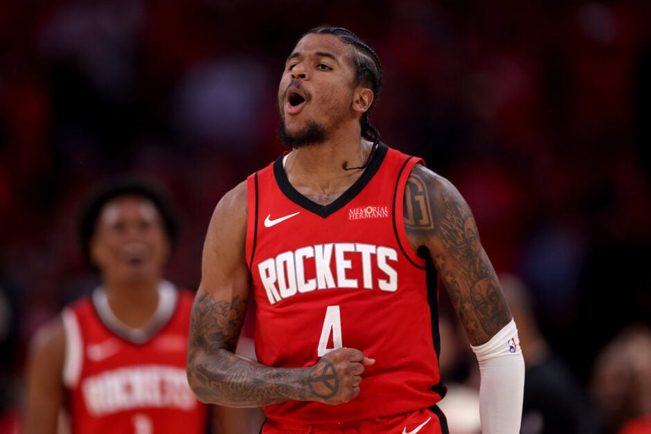 Jalen Green #4 of the Houston Rockets reacts after a three-point shot in the second half against the Golden State Warriors in Game Two of the Western Conference First Round NBA Playoffs at Toyota Center