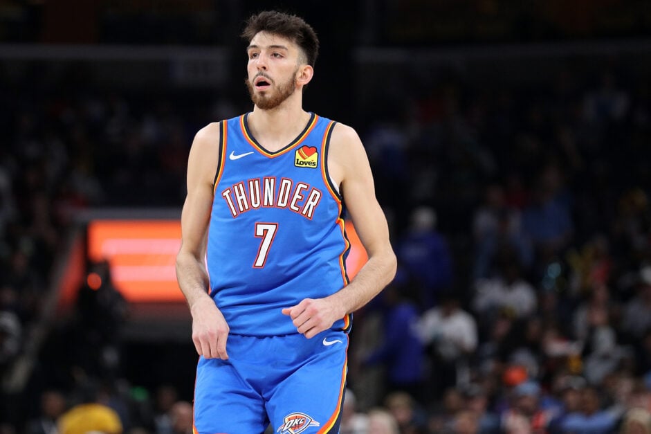 Chet Holmgren #7 of the Oklahoma City Thunder looks on against the Memphis Grizzlies during Game Three of the Western Conference First Round NBA Playoffs.
