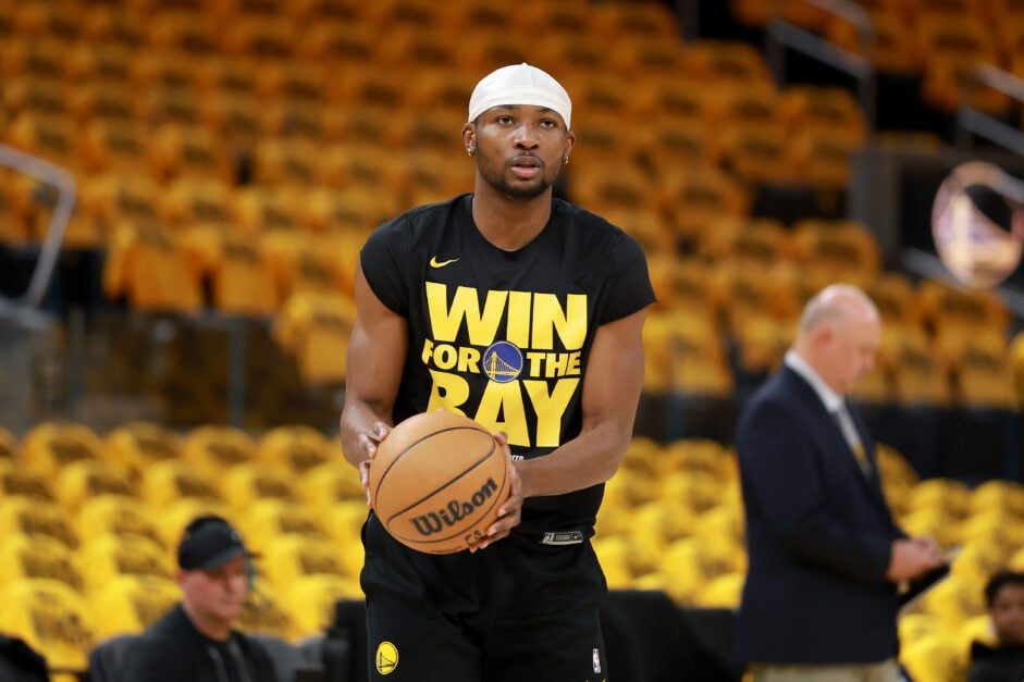 Jonathan Kuminga #00 of the Golden State Warriors warms up before their game against the Houston Rockets in Game Three of the Western Conference First Round NBA Playoffs at Chase Center.