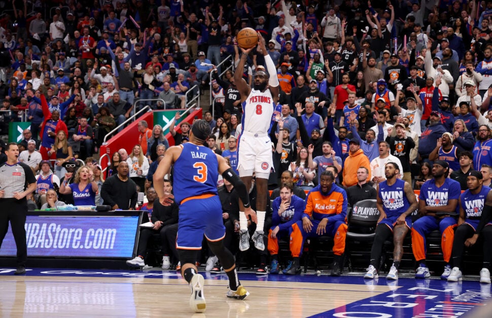 Tim Hardaway Jr. of the Detroit Pistons shoots the ball against Josh Hart