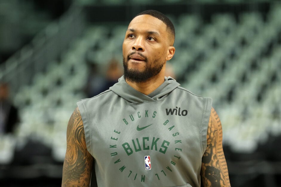Damian Lillard #0 of the Milwaukee Bucks warms up before Game Four of the Eastern Conference First Round NBA Playoffs against the Indiana Pacers.