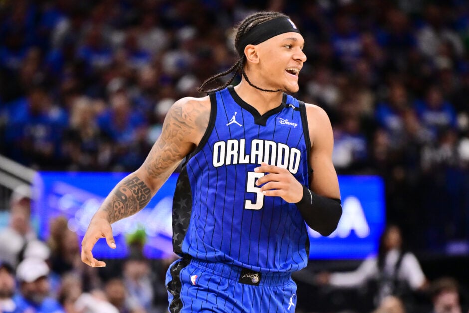 Paolo Banchero #5 of the Orlando Magic reacts during game 4 of the first round of the 2025 NBA Playoffs against the Boston Celtics.