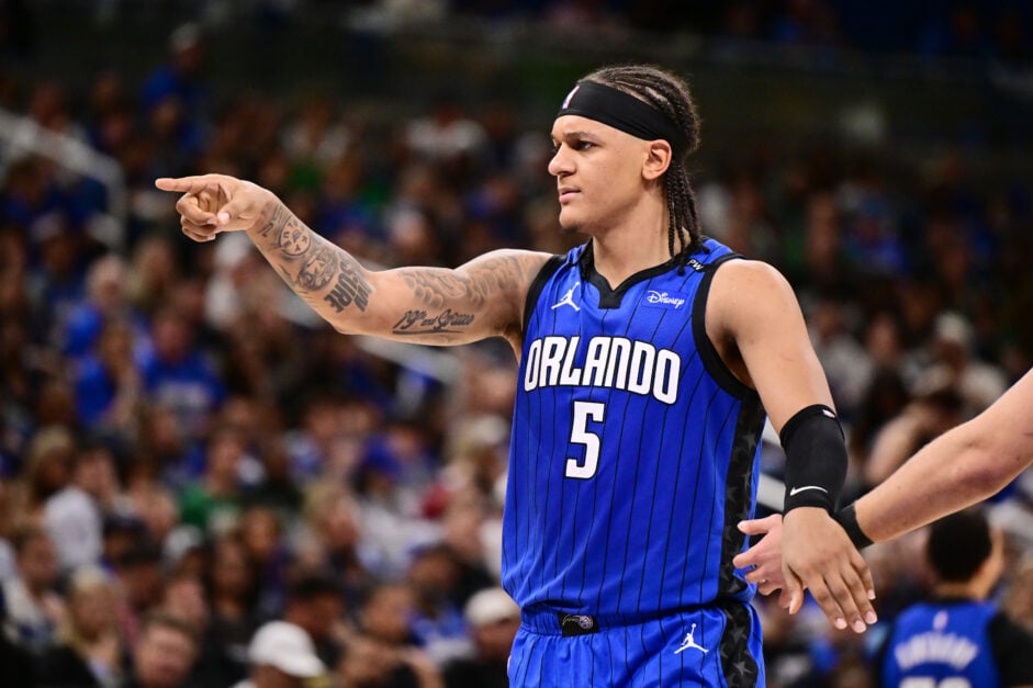 Paolo Banchero of the Orlando Magic reacts during game 4 of the first round of the 2025 NBA Playoffs