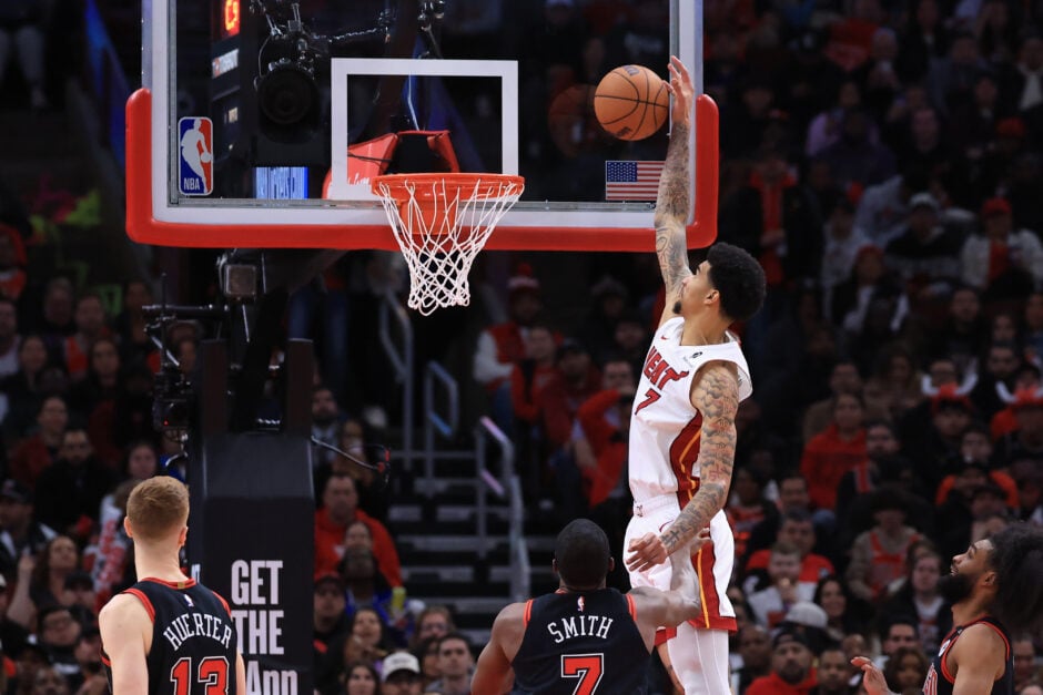 The Miami Heat's building block Kel'el Ware dunking against the Chicago Bulls in the Play-In Tournament.