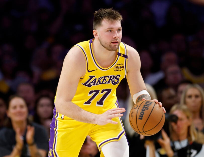 Luka Doncic #77 of the Los Angeles Lakers dribbles during a 103-96 loss to the Minnesota Timberwolves in Game Five of the Western Conference First Round NBA Playoffs at Crypto.com Arena on April 30, 2025 in Los Angeles, California.
