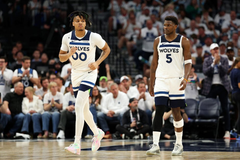 Anthony Edwards and Terrence Shannon Jr. during an NBA game in the 2024-25 season