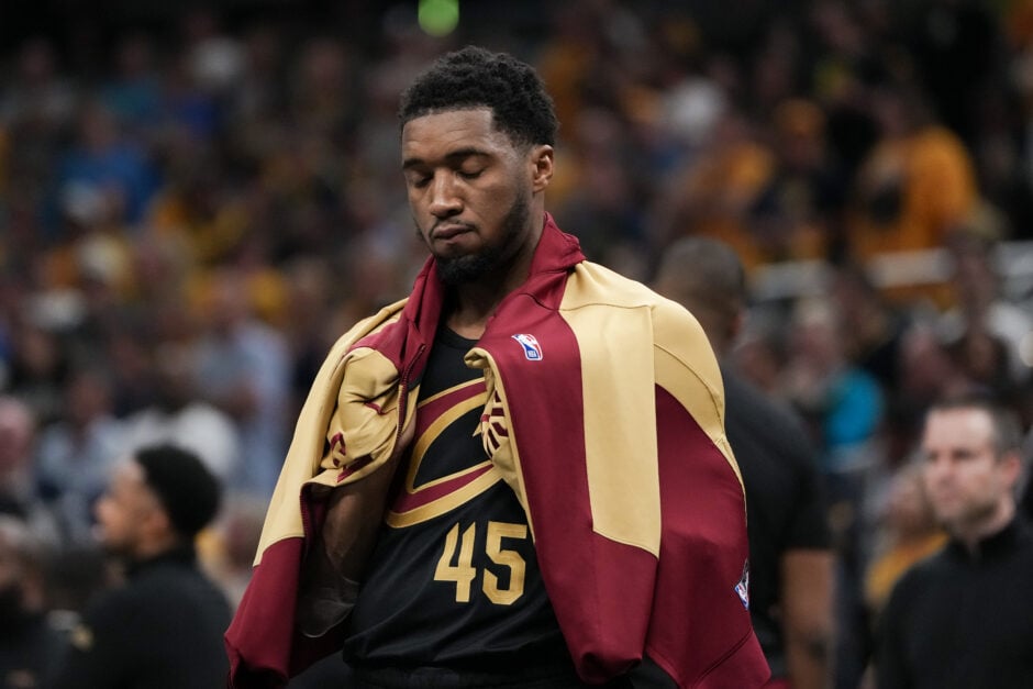 Donovan Mitchell reacts to a play as the Cleveland Cavaliers take on the Indiana Pacers in the NBA playoffs