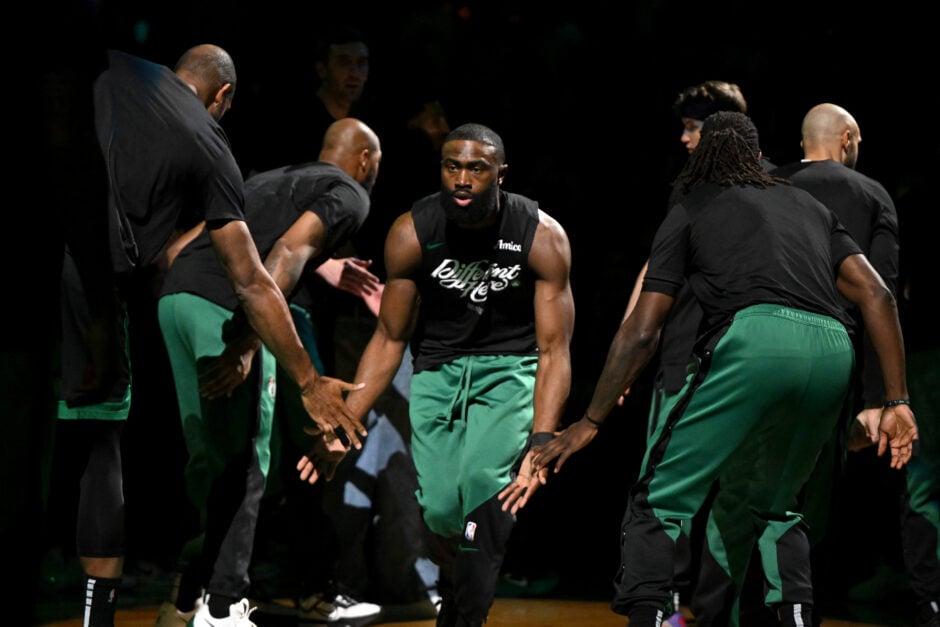 Boston Celtics forward Jaylen Brown is introduced during the NBA playoffs.