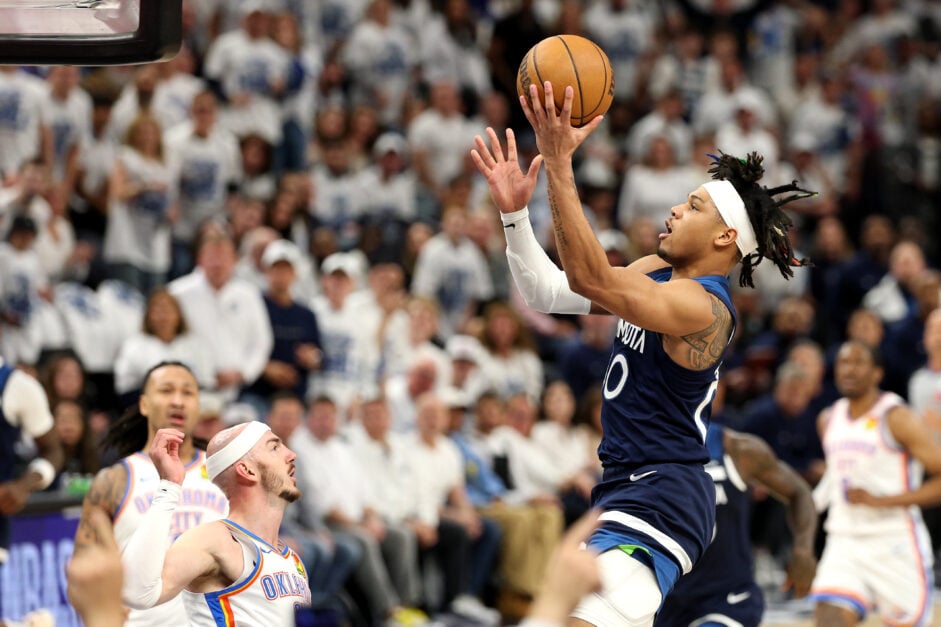 Nickeil Alexander-Walker in action against the OKC Thunder during the 205 NBA Playoffs