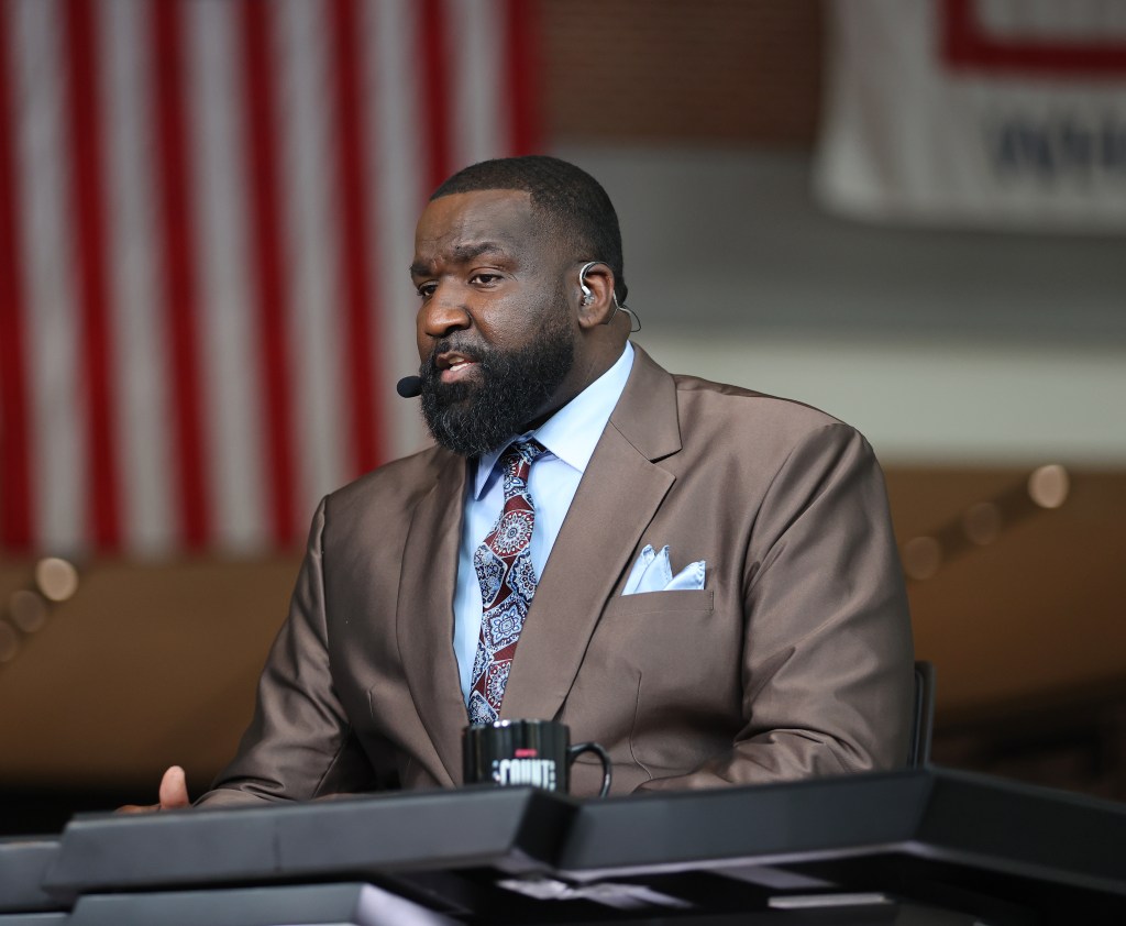 Kendrick Perkins looks on before the game between the Oklahoma City Thunder and the Indiana Pacers during Game Four of the 2025 NBA Finals on June 13, 2025 at Gainbridge Fieldhouse in Indianapolis, Indiana.
