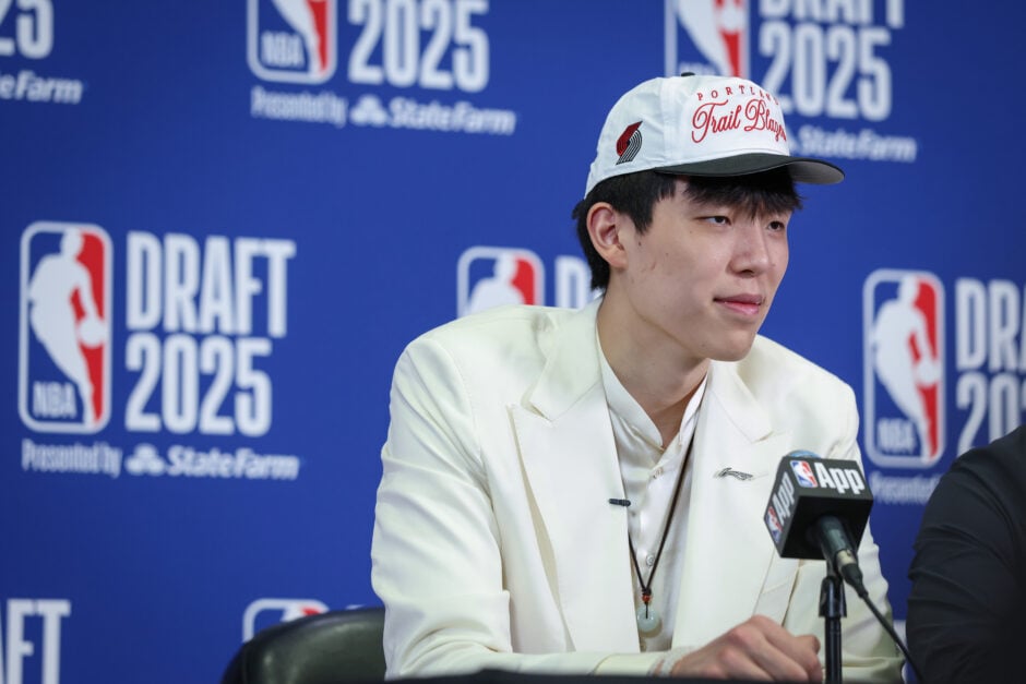 Yang Hansen speaks to the media after being drafted