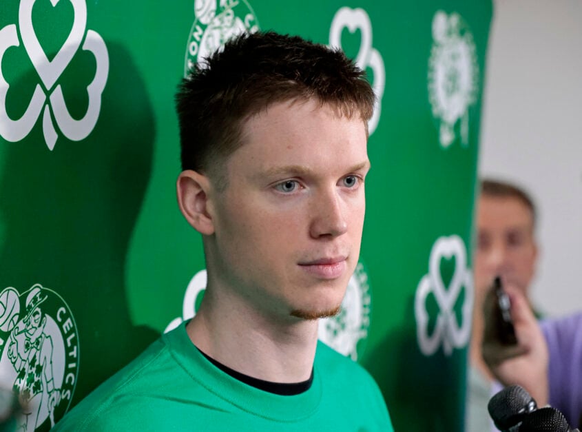 Boston Celtics draft pick Max Shulga talks to the media after a youth basketball clinic at the Huntington Avenue YMCA on July 1, 2025.