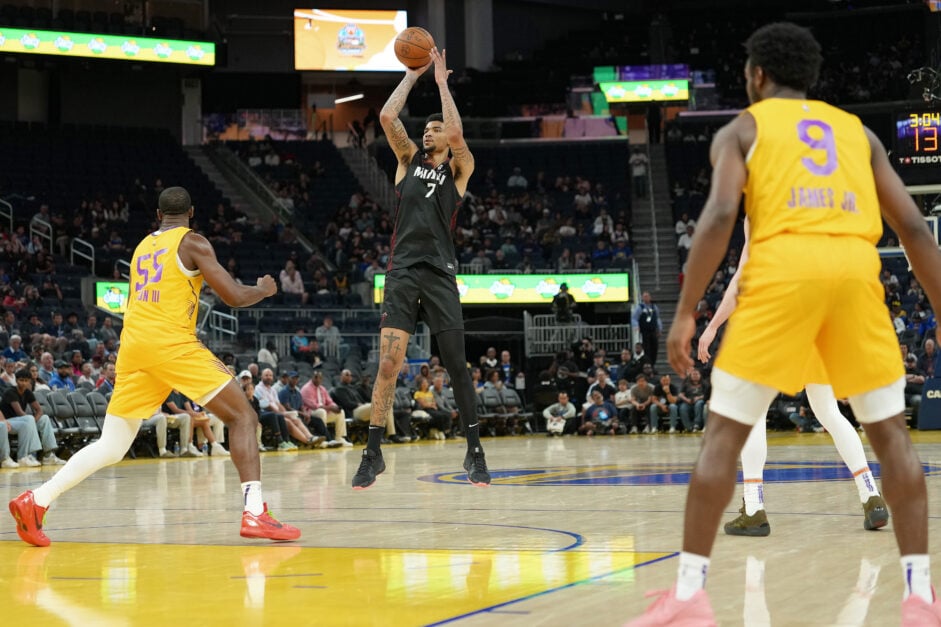Miami Heat center Kel'el Ware shoots over the Los Angeles Lakers in Summer League