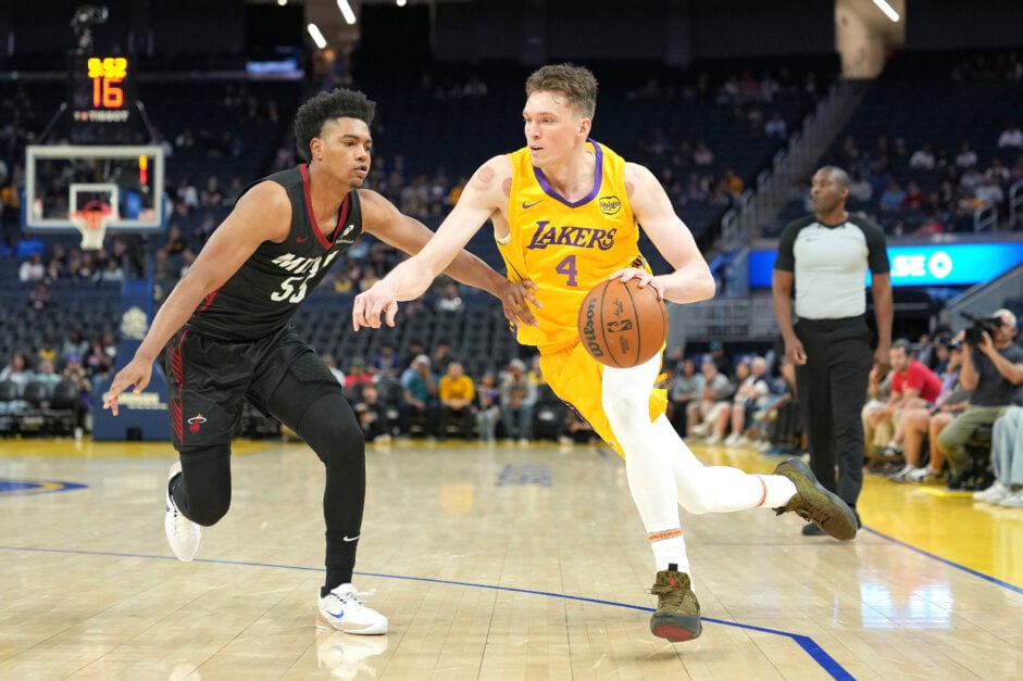 Dalton Knecht dribbles to the basket, vs Miami Heat, in Summer League