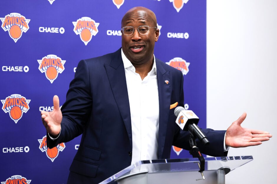 Head coach of Mike Brown of the New York Knicks speaks to media during his introductory press conference at Knicks Training Facility.