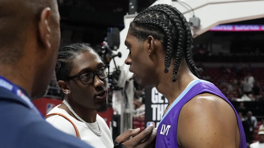 Cody Williams #5 of the Utah Jazz and NBA player Jalen Williams...