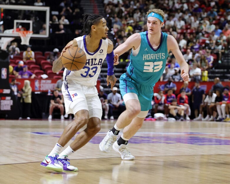 Charlotte Hornets wing Liam McNeeley defends during Summer League play