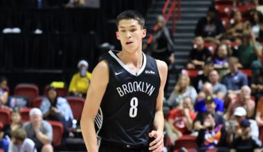 Egor Demin #8 of the Brooklyn Nets brings the ball up the court against the Washington Wizards in t...