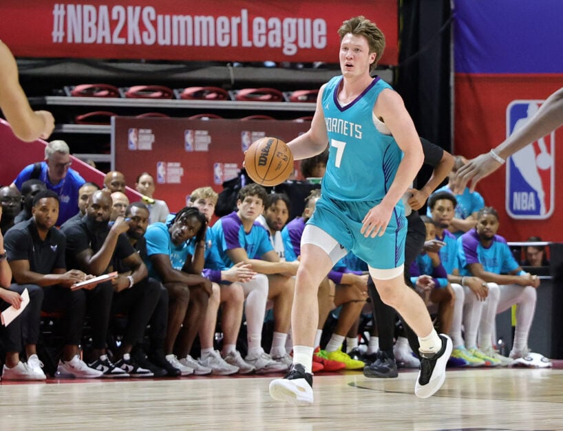 Kon Knueppel #7 of the Charlotte Hornets brings the ball up the court against the Dallas Mavericks in the first half of a 2025 NBA Summer League game at the Thomas & Mack Center on July 14, 2025 in Las Vegas, Nevada.
