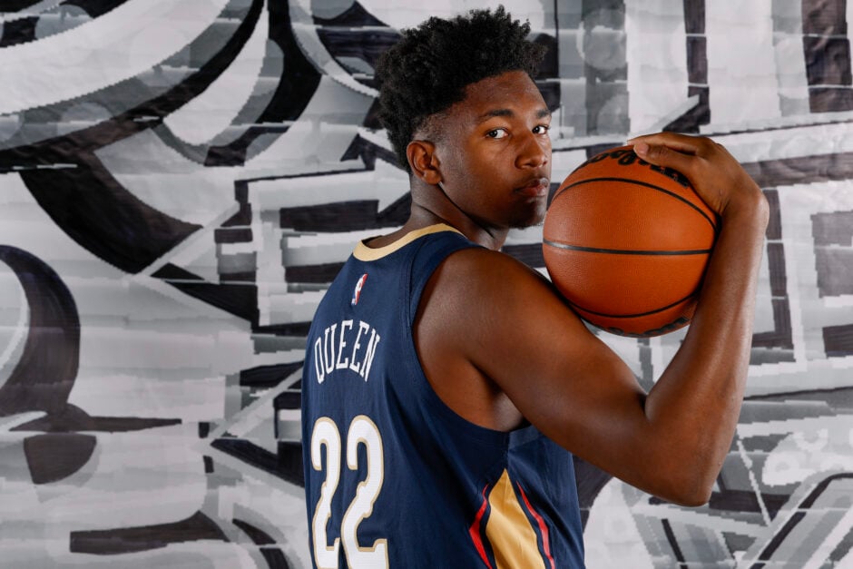 Derik Queen #22 of the New Orleans Pelicans poses for a portrait during the 2025 NBA Rookie Photo Shoot.