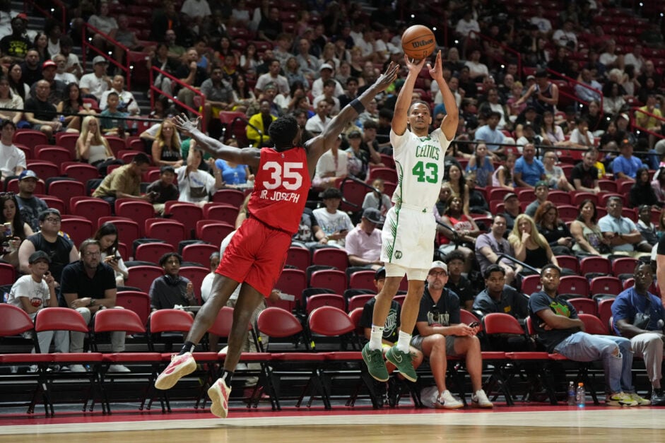 Isaiah Wong #43 of the Boston Celtics shoots against Nell Joseph #35 of the Atlanta Hawks in the second half of a 2025 NBA Summer League Championship game at the Thomas & Mack Center on July 20, 2025 in Las Vegas, Nevada. The Celtics defeated the Hawks 101-80.