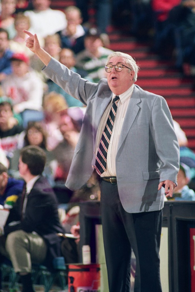 Head Coach Frank Layden of the Utah Jazz calls a play against the Sacramento Kings on January 2, 1988 at Arco Arena in Sacramento California.