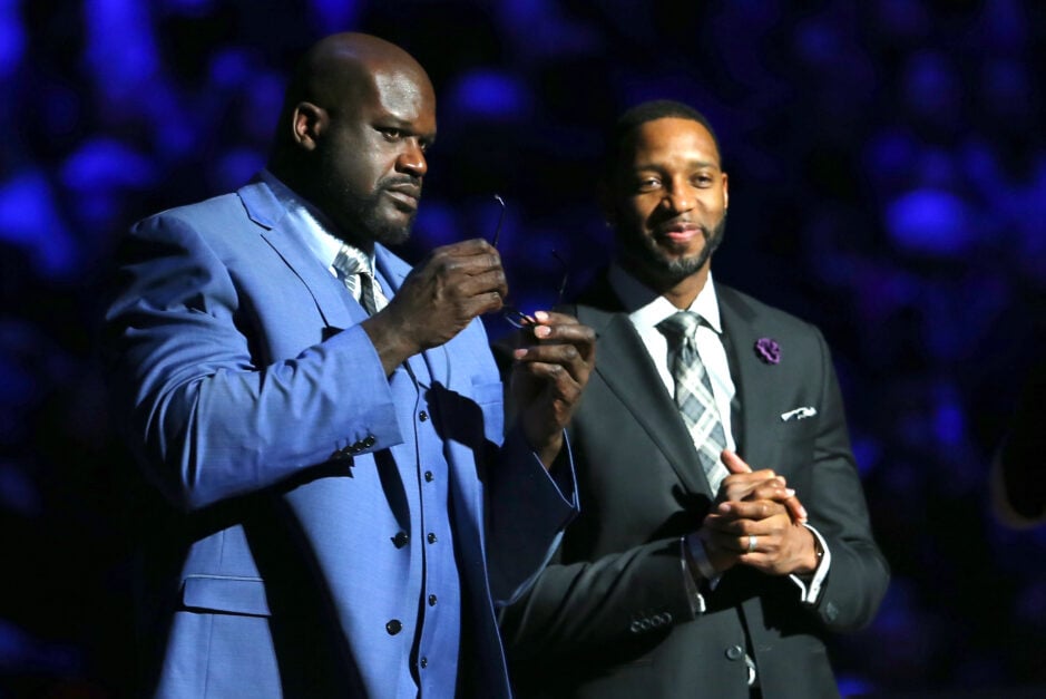 Judges and former NBA players Shaquille O'Neal and Tracy McGrady are introduced in the Verizon Slam Dunk Contest during NBA All-Star Weekend 2016.