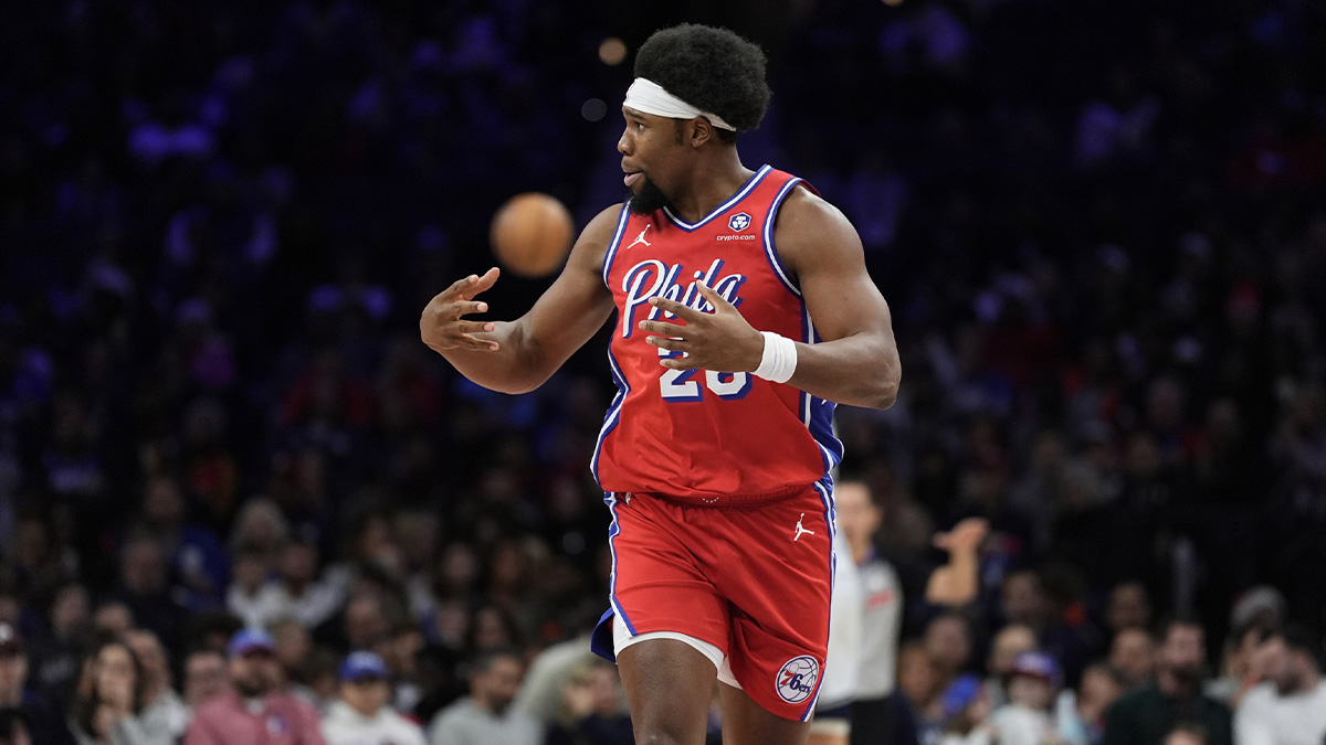 Philadelphia 76ers forward Guerschon Yabusele (28) reacts against the Orlando Magic in the second quarter at Wells Fargo Center.