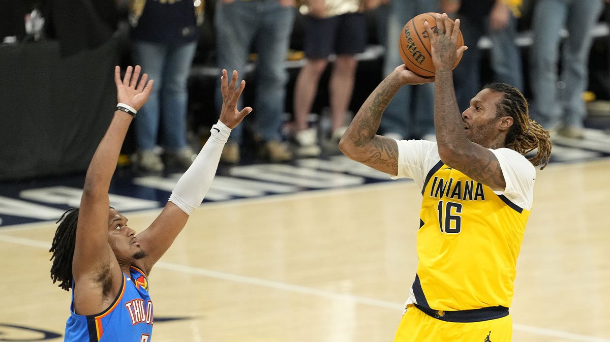 Indiana Pacers forward James Johnson (16) shoots the ball against the Oklahoma City Thunder during the second half of game six of the 2025 NBA Finals between the Oklahoma City Thunder and the Indiana Pacers at Gainbridge Fieldhouse.
