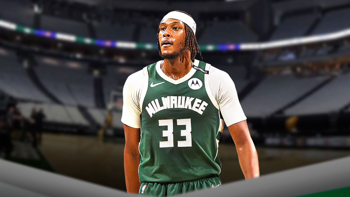 NBA player Myles Turner in a Milwaukee Bucks jersey with the Milwaukee Bucks arena in the background, Indiana free agency