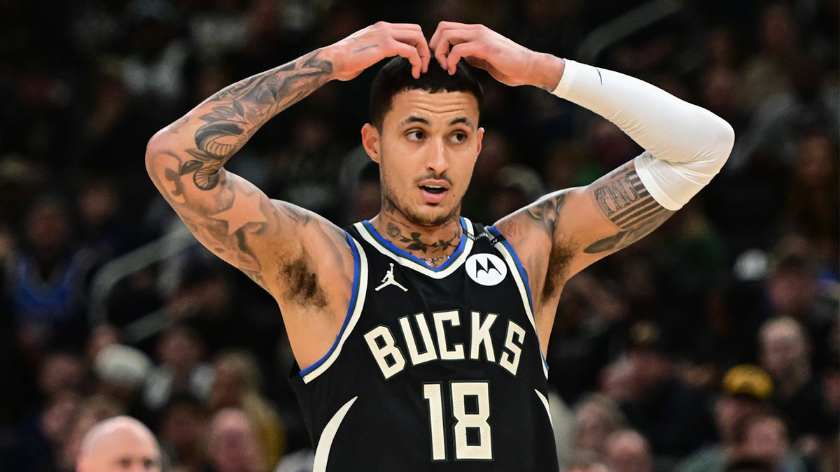 Milwaukee Bucks forward Kyle Kuzma (18) reacts in the third quarter against the Indiana Pacers during game four of first round for the 2024 NBA Playoffs at Fiserv Forum.