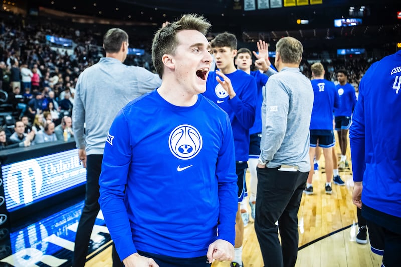 Jared McGregor celebrates after a BYU victory during the 2024-25 season.