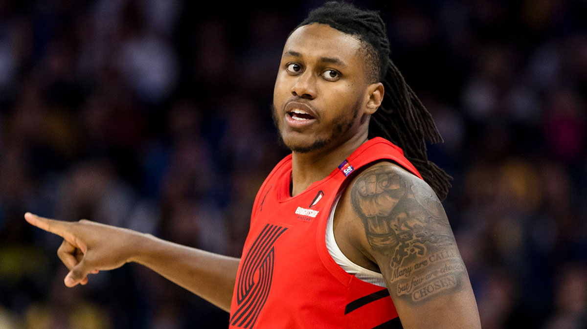Portland Trail Blazers forward Jabari Walker (34) gestures during the fourth quarter against the Golden State Warriors at Chase Center.