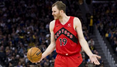 Toronto Raptors center Jakob Poeltl (19) reacts during the fourth quarter against the Golden State Warriors at Chase Center.